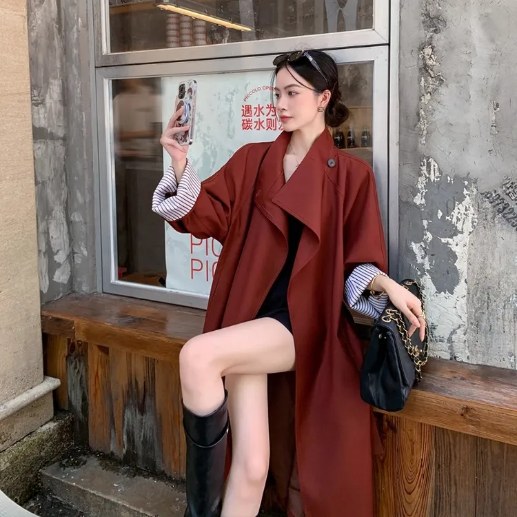 纪诗哲女装安可拉红立领长款风衣女秋季新款高级系带修身显瘦外套