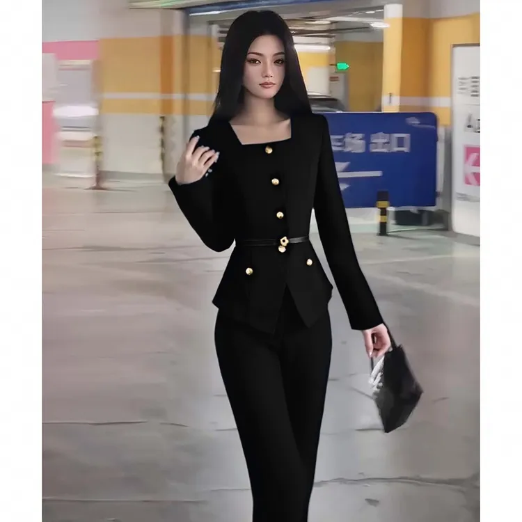 【两件套】套装女春秋新款小香风收腰外套高腰长裤两件套潮D3758