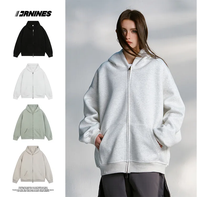 FORNINES美式新款开衫卫衣春秋连帽宽松休闲运动百搭春秋纯白外套