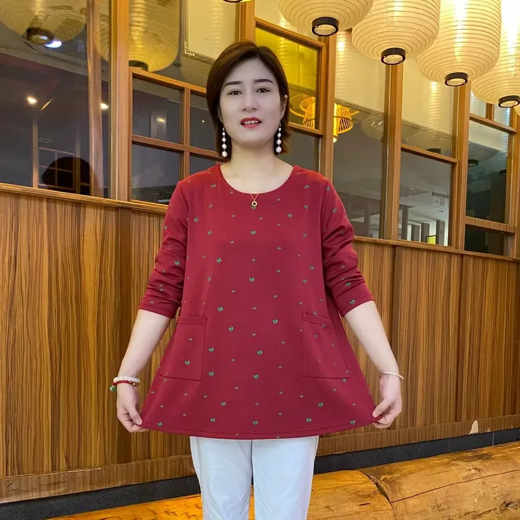 中老年女装薄款圆领春秋中长款常规妈妈装大码休闲上衣