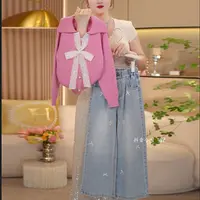 【闺蜜家】女童秋季2025新款时尚洋气开衫毛衣+烫钻牛仔裤套装-8826