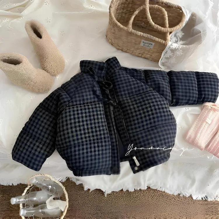 韩国童装儿童格子立领棉服2025冬季新款男女童加厚保暖外套面包服