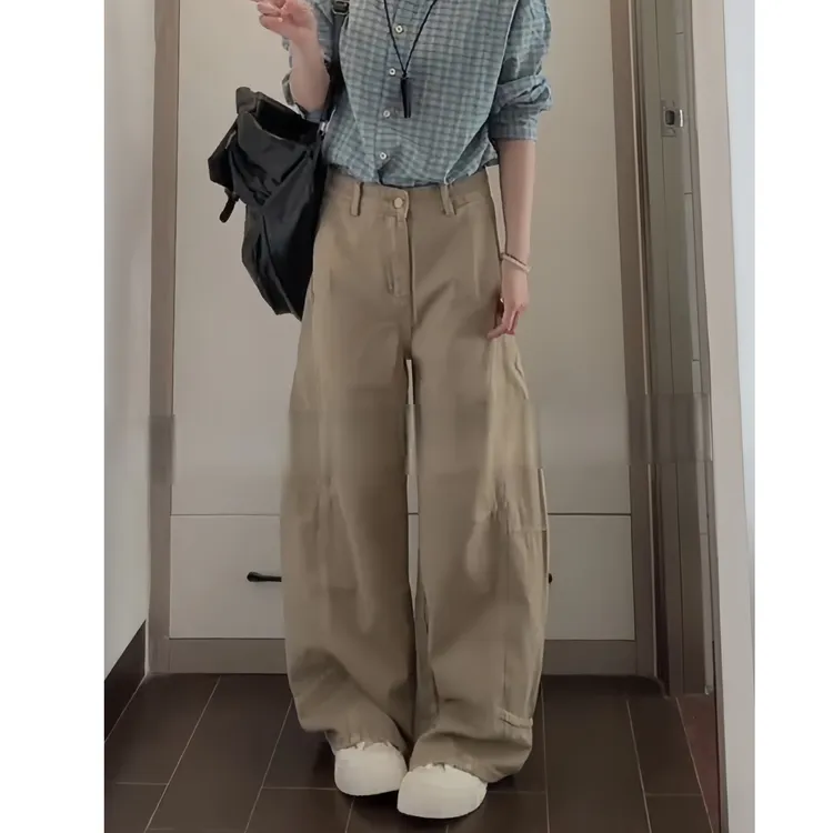 美式复古卡其色直筒牛仔裤女秋季2025新款高腰宽松垂感工装休闲裤