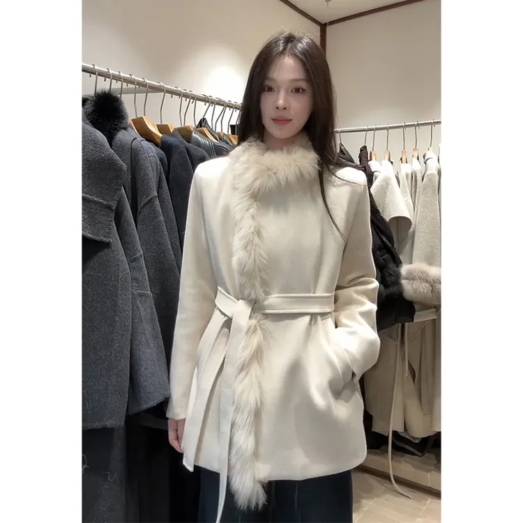INS CEC韩系设计感毛呢外套女秋冬季新款百搭收腰显瘦毛领大衣