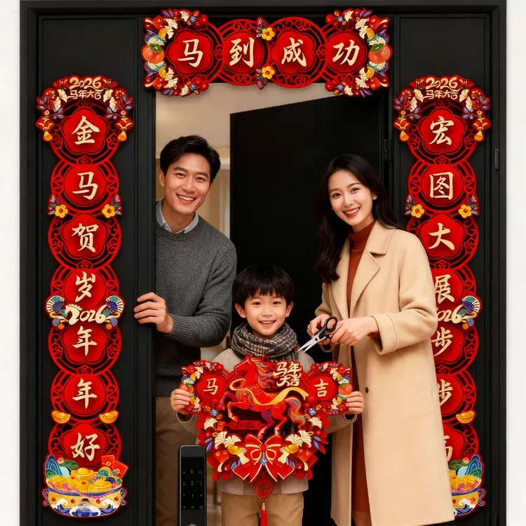 2026马年对联植绒材质新款入户门植绒布家用磁吸春联
