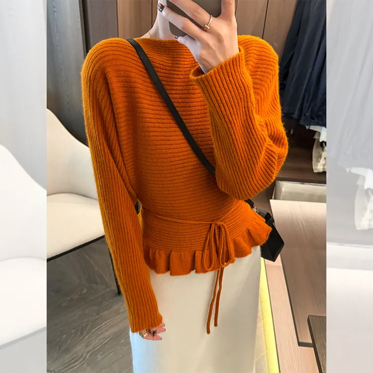 韩系温柔风荷叶边系带收腰针织衫女秋冬季新款百搭气质时尚毛衣潮