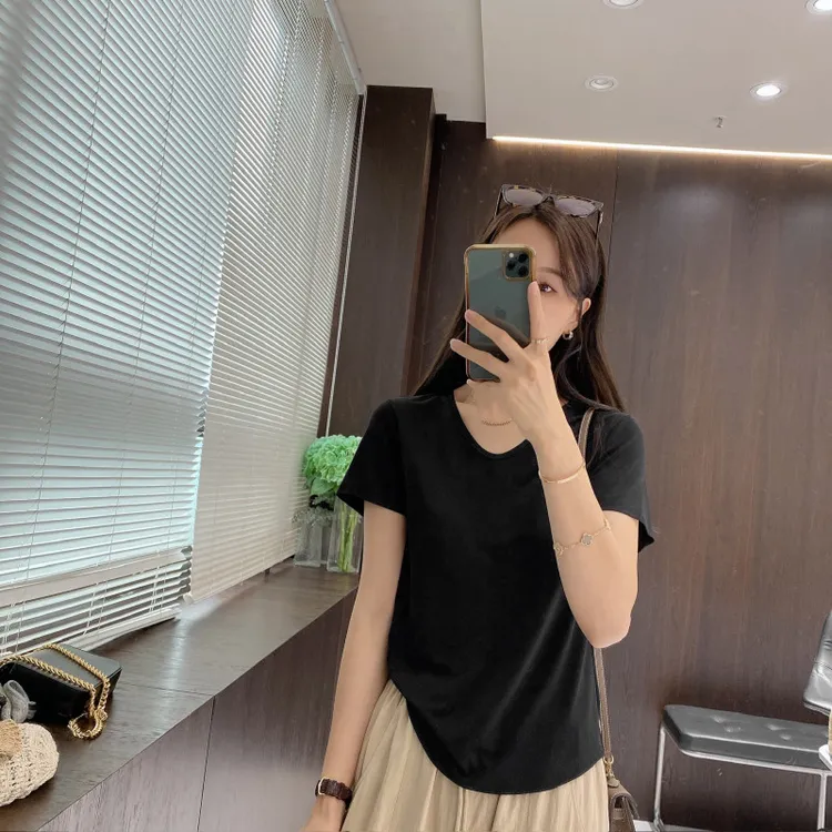 IMFLY金小金自制女装 莫代尔T恤DYW9137简约V领正肩收腰显瘦短袖