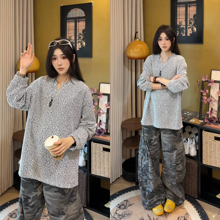 小香风黑白条纹长袖t恤男款cleanfit小v领卫衣美式重磅内搭打底衫