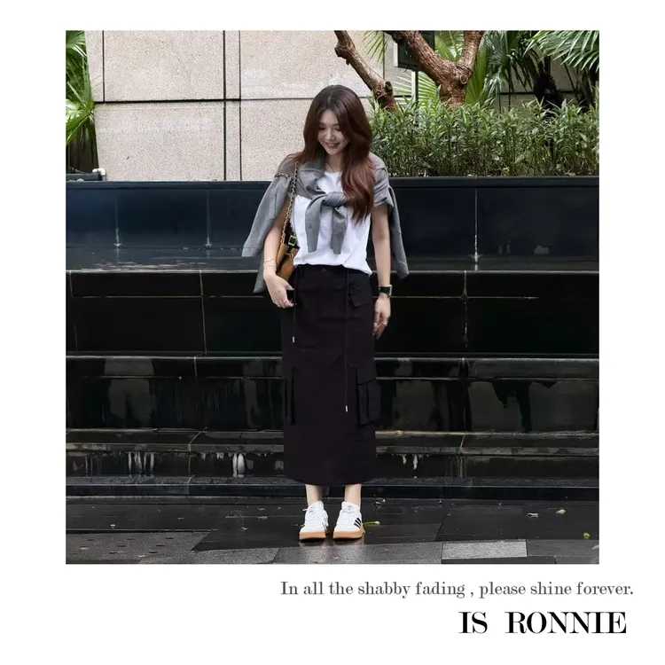 Is Ronnie【信步闲庭】早秋新款百搭舒适口袋工装裙半身裙子24K8049