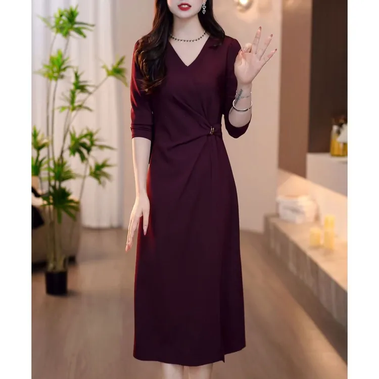 秋季V领优雅中式女款收腰连衣裙夏季名媛修身长袖中长款气质