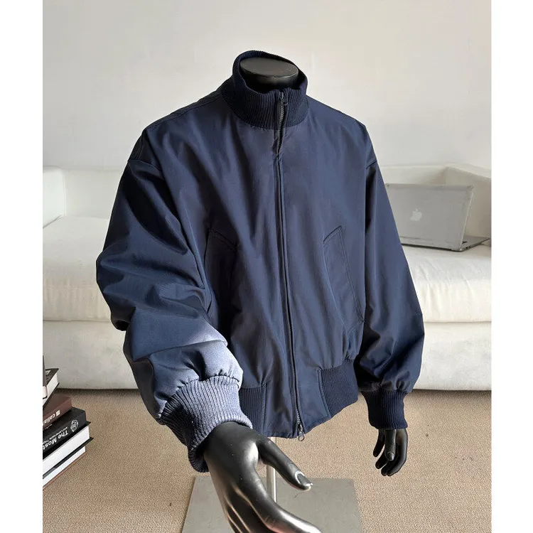 秋季新款美式高街立领棒球飞行夹克短款外套男cleanfit藏青色男生