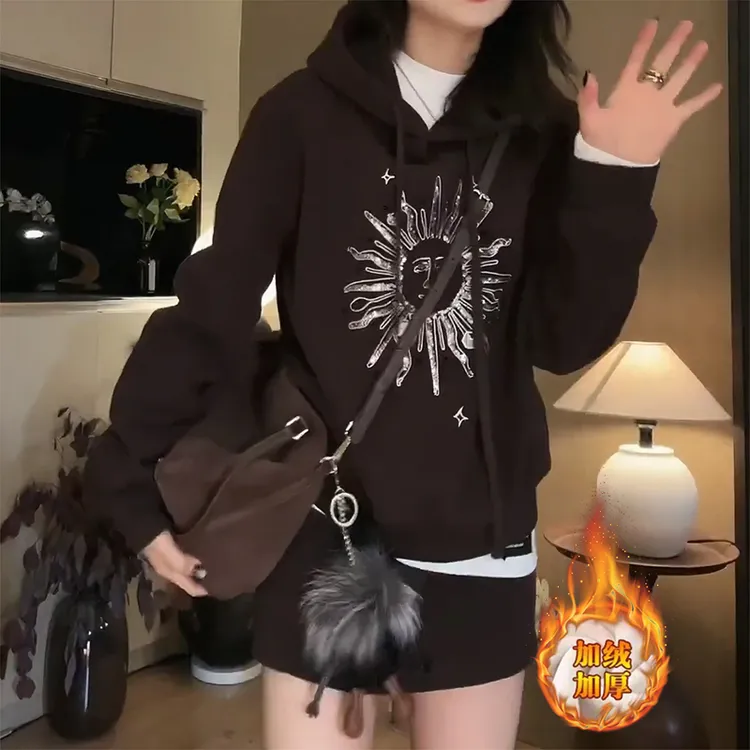 韩版卡通印花连帽卫衣女冬季加绒加厚宽松慵懒高级感chic长袖上衣
