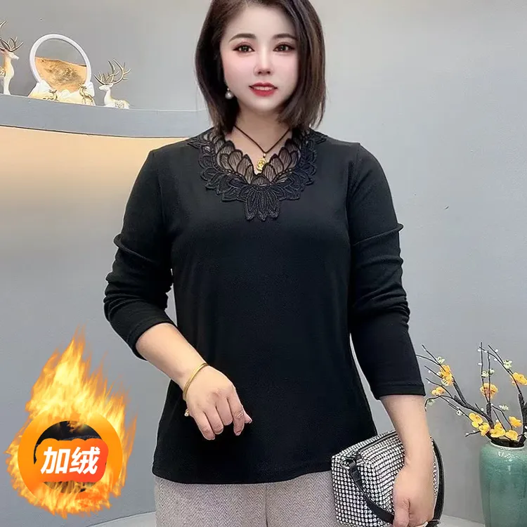 616.冬季大码加绒打底衫高弹遮肉百搭修身保暖洋气质蕾丝小衫女装