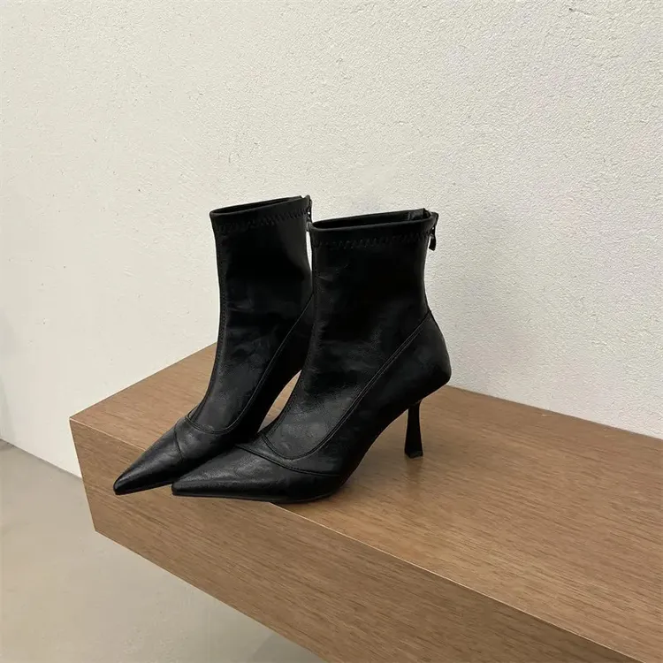 韩版尖头显瘦细跟短靴女短筒高跟鞋时装靴荔枝纹软皮后拉链瘦瘦靴