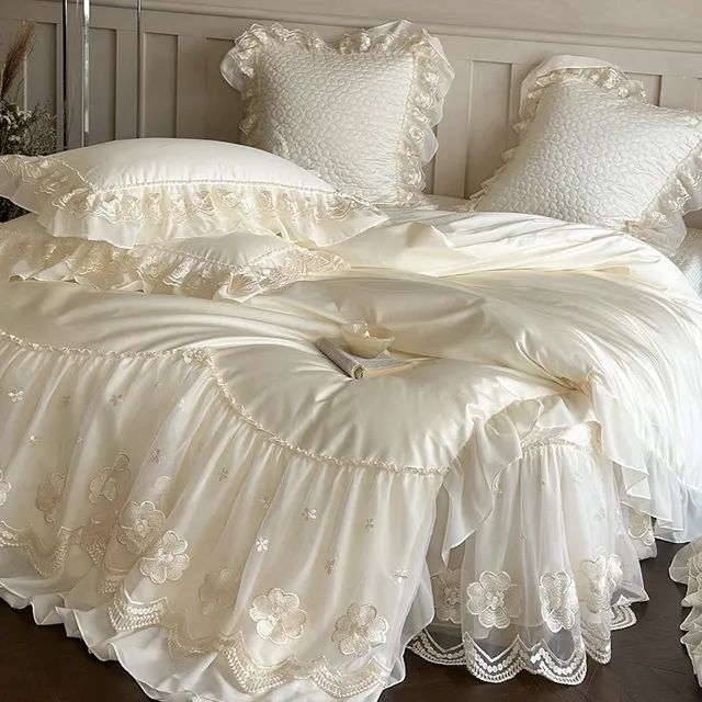 法式轻奢夹棉床盖款四件套棉长绒棉公主风棉蕾丝垃圾袋空调被