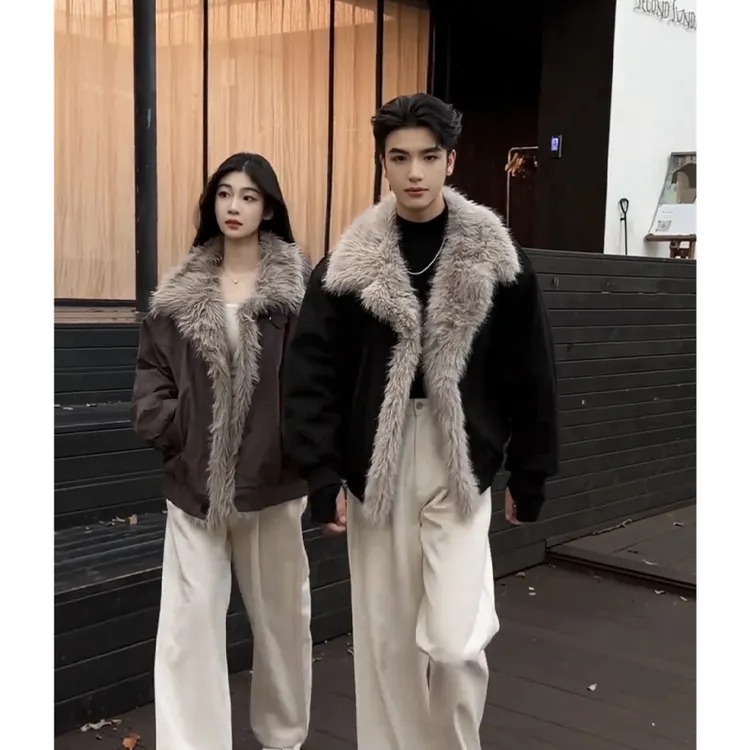 美式座山雕皮毛一体棉服男款冬季加厚保暖设计感翻领棉衣夹克外套