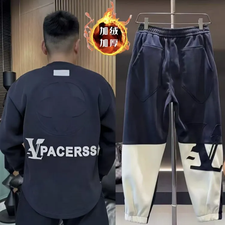 秋冬男士加绒加厚款微弹男休闲裤刺绣撞色宽松卫衣卫裤休闲套装