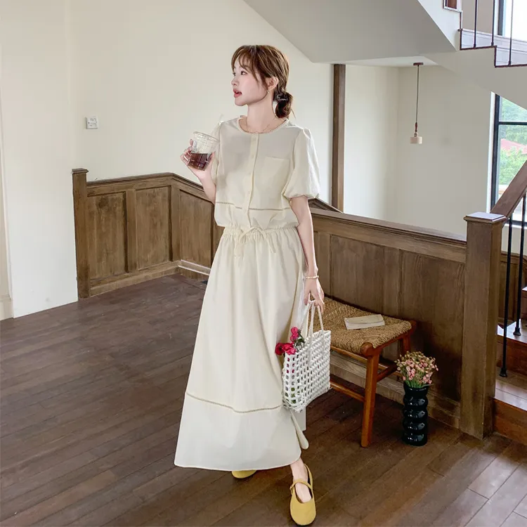 韩系松弛感套装裙女2025夏季新款极简风抽绳收腰泡泡衫上衣半身裙