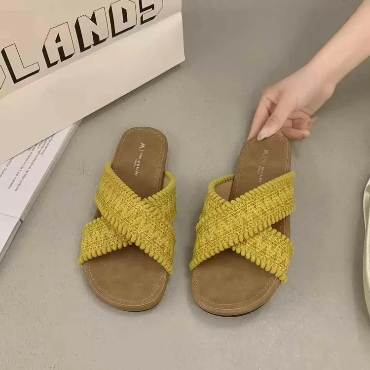 圆头夏季日常一字拖平底韩版拖鞋外穿沙滩交叉百搭编织软底