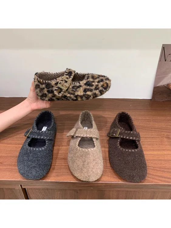 啄木鸟单鞋毛呢绒面一字带玛丽珍女毛毛2025阔腿裤必备鞋百搭休闲