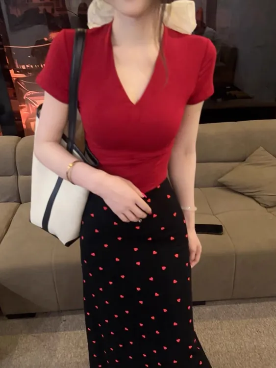 性感纯欲风V领百搭短袖上衣+时尚气质感印花显瘦半身裙两件套2551