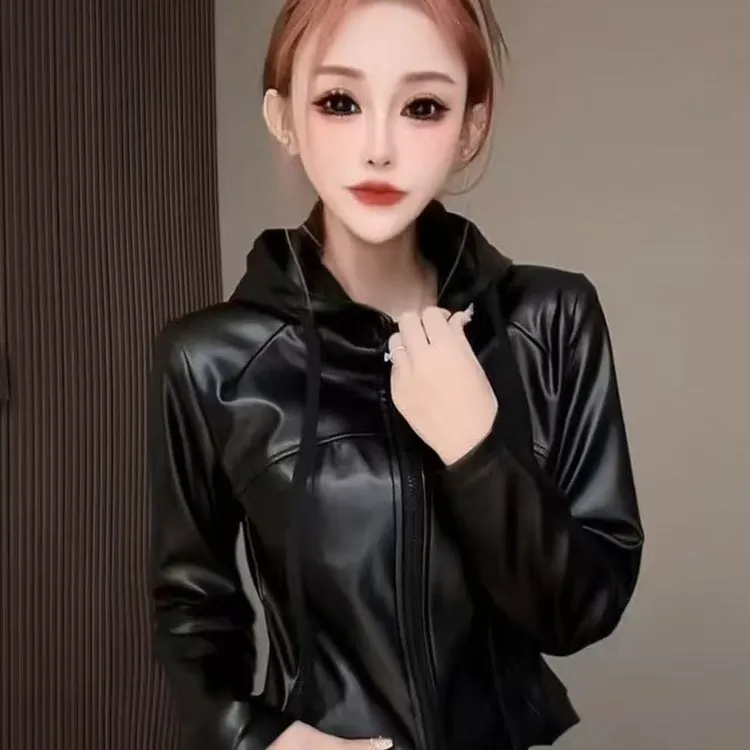 2025早秋新款穿搭新款漂亮连帽pu皮外套绝美巨好看修身双拉链上衣