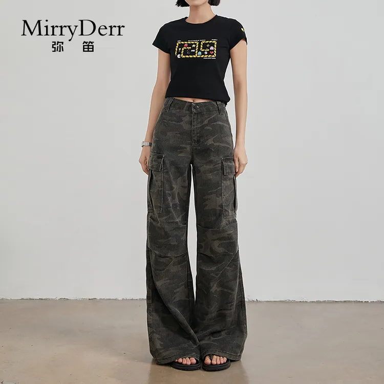MirryDerr/弥笛美式迷彩工装裤女2025春夏新款高腰宽松显瘦阔腿裤