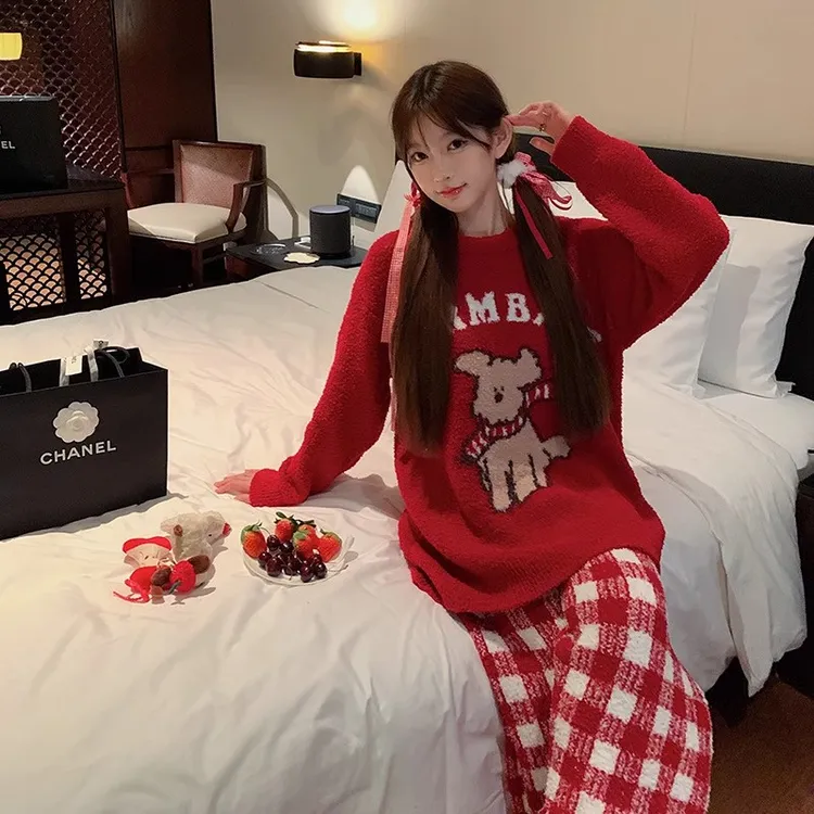 新年红色软绵绵半边绒可外穿家居服套装可爱福气本命年半边绒睡衣