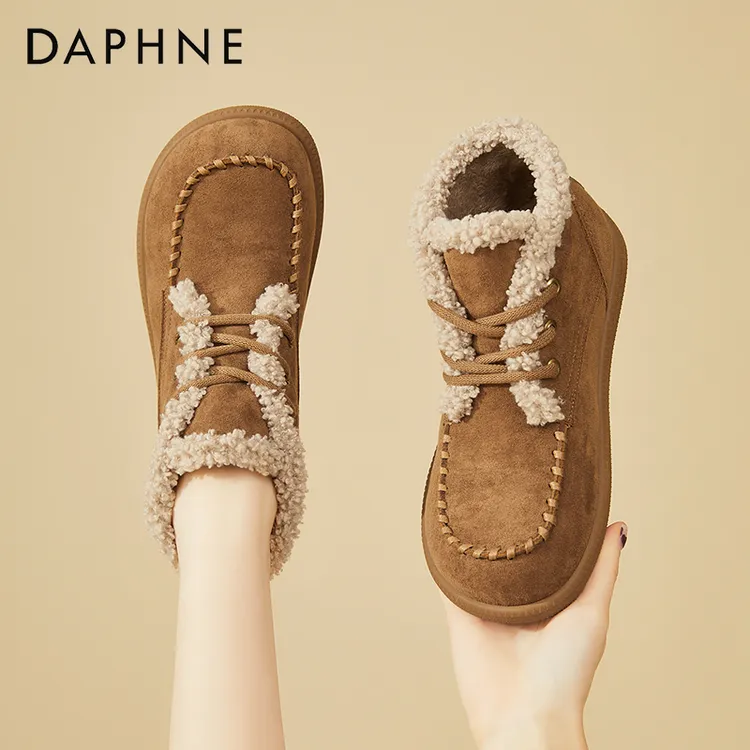 达芙妮加绒勃肯鞋女鞋子2025新款冬季雪地靴厚底复古保暖毛毛棉鞋