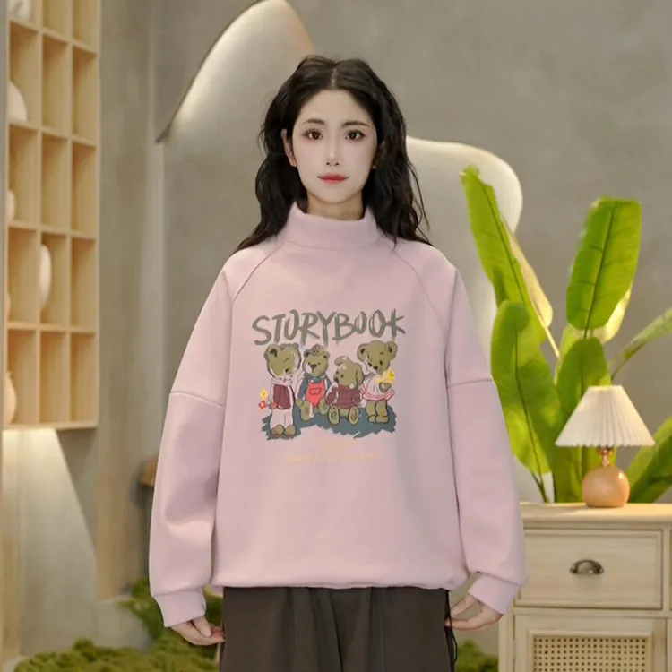 6788 冬季新款半高领加绒加厚卫衣女卡通印花休闲百搭宽松上衣女