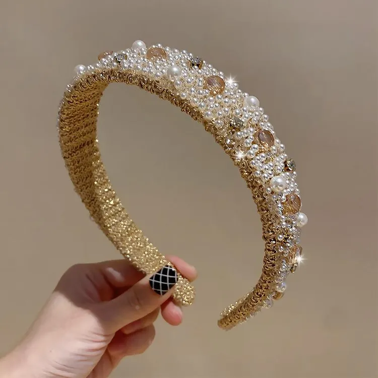 轻奢法式珍珠发箍发夹女重工宽边水晶压发高颅顶网红秋冬压发头饰