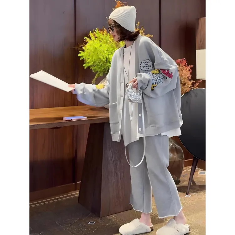 2025新款早秋穿搭ootd一整套小香风灰色外套上衣阔腿裤两件套装女