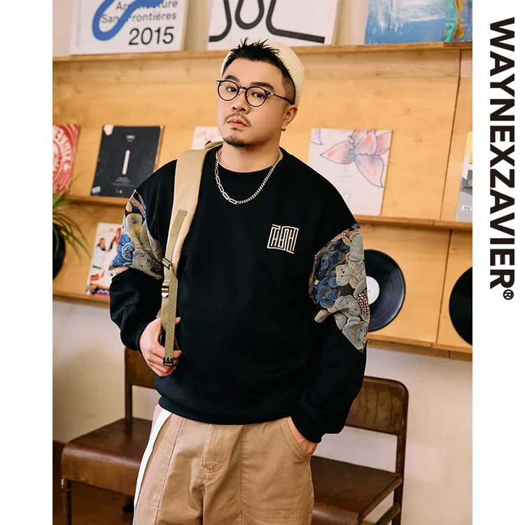 韦恩泽维尔加肥加大宽松大码冬男宽松卡通绣花拼接国风卫衣8830