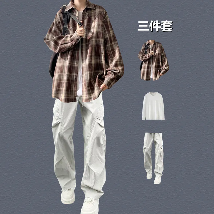 美式格子长袖衬衫男生春秋帅气套装薄款青少年日常休闲穿搭三件