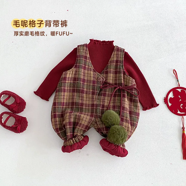 儿童格子连体裤2025新款冬季女童夹棉加厚背带裤宝宝设计感裤子潮