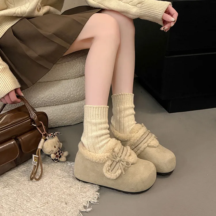 休闲风复古厚底纯色毛毛鞋女外穿2025秋冬季新款加绒包头保暖百搭
