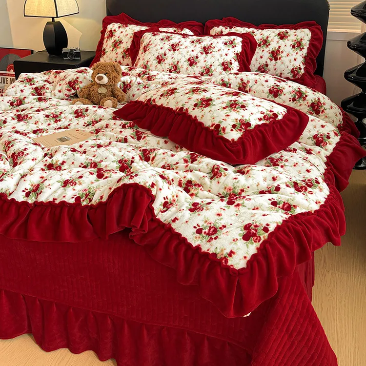 保暖加厚牛奶绒四件套床盖冬季牛奶绒床裙四件套冬季加厚双面绒