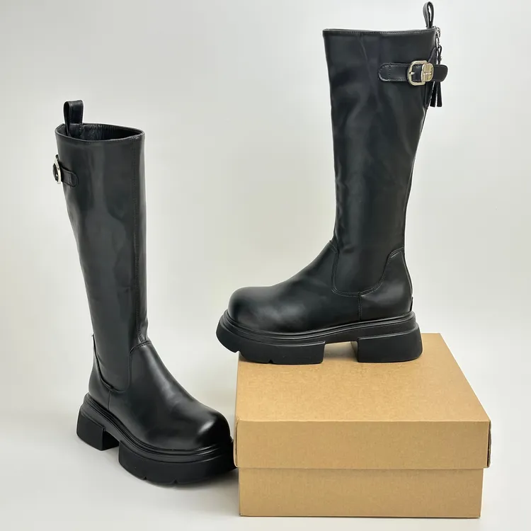 黑色长筒靴子显瘦显腿直厚底小个子百搭增高长筒靴后拉链骑士靴