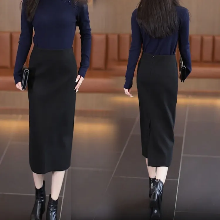 高质量加厚毛呢半身裙女秋冬季中长款2025新款A字裙开叉包臀长裙