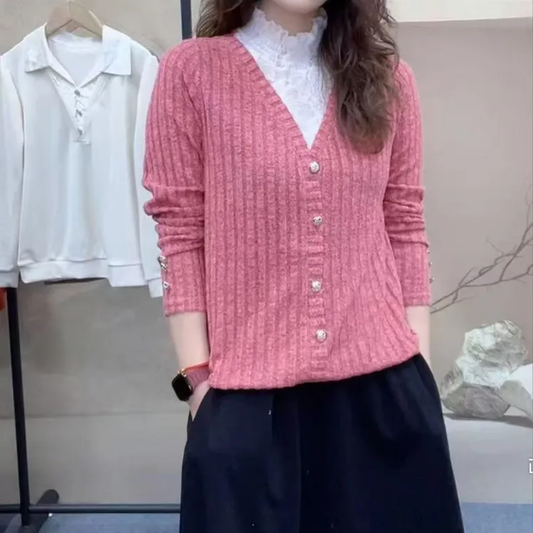 YT春秋爆款时尚新款蕾丝拼接小衫百搭女士气质长袖显瘦修身