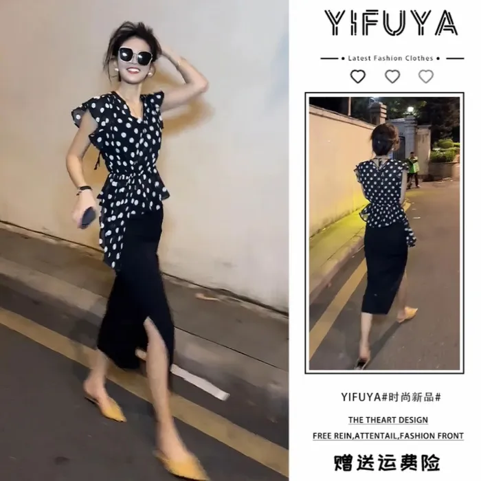 夏季不规则套装显瘦休闲风修身简约时尚碎花上衣黑色高级感半身裙