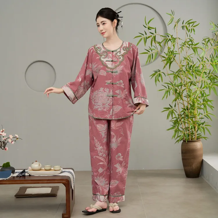新中式国风色织双层纱纯棉睡衣家居服两件套四季款可外穿中年妈妈