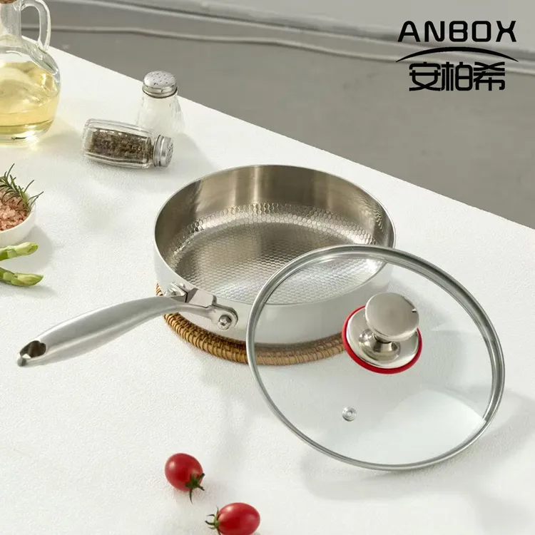 ANBOX 304不锈钢鱼鳞纹煎锅平底锅家用牛排炒锅多灶具通用