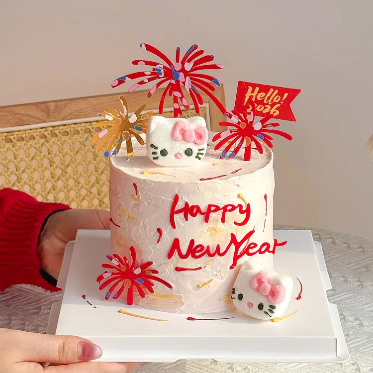 hello2026新年快乐蛋糕装饰祈福小猫棉花糖摆件亚克力礼花插件