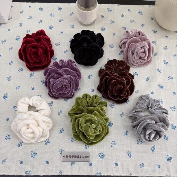 韩系新款高级感丝绒玫瑰花朵大肠发圈女发绳头饰头花扎马尾发饰