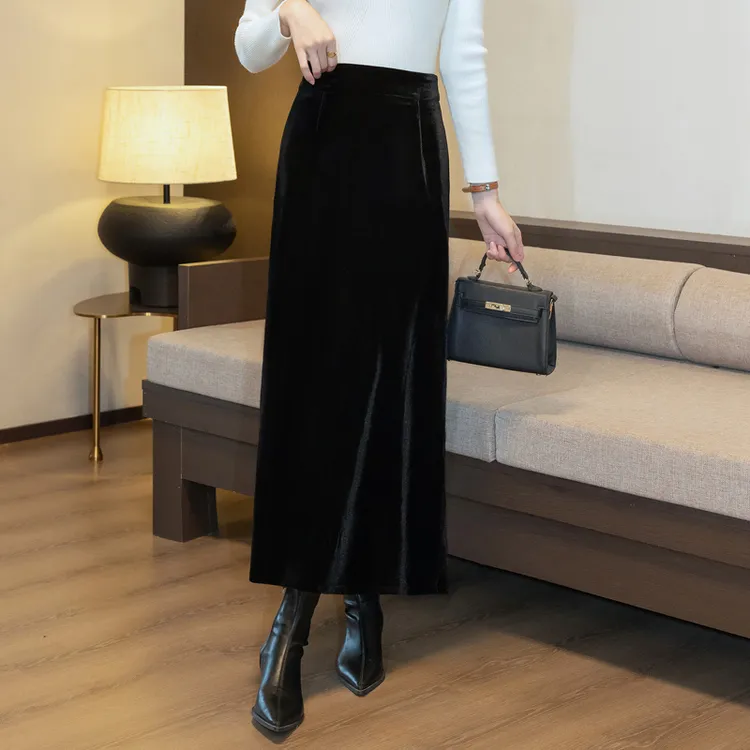 长款金丝绒裙子女2025新款秋冬高级感开叉一步裙直筒包臀半身长裙