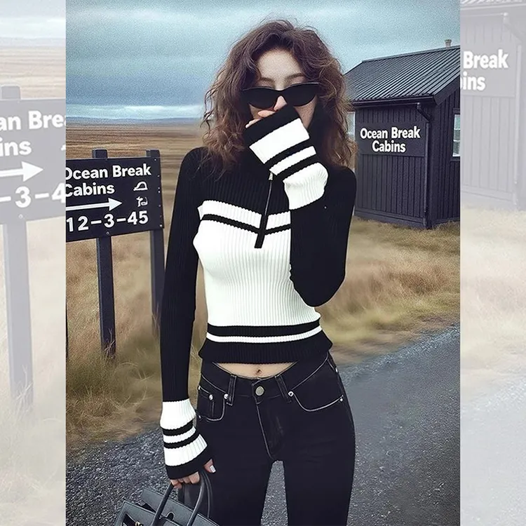 独特漂亮内搭黑白条纹小衫洋气高贵休闲针织衫打底上衣女装秋冬季