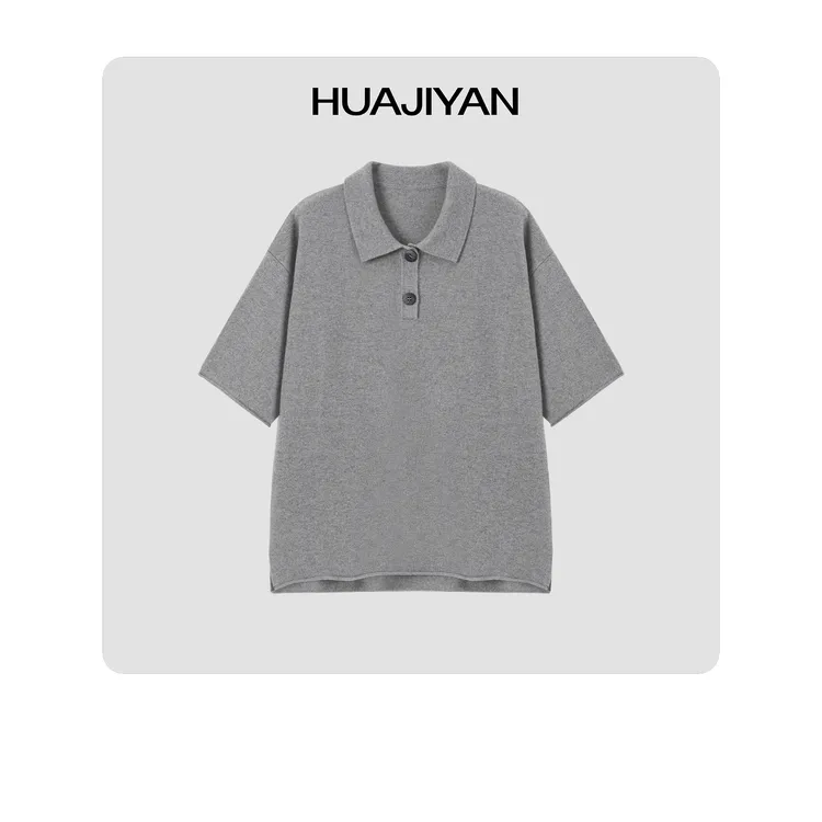 华吉言/HUAJIYAN【知识分子】全羊毛经典Polo领老钱风针织短袖