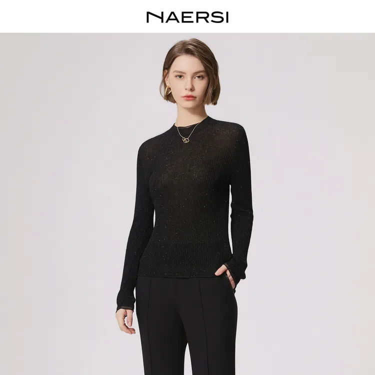 娜尔思长袖黑色修身时尚秋冬羊毛针织衫NZ05188W0
