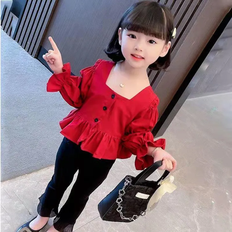 AZ女童春装套装年新款韩版时髦小童衬衫喇叭裤女宝宝洋气两件